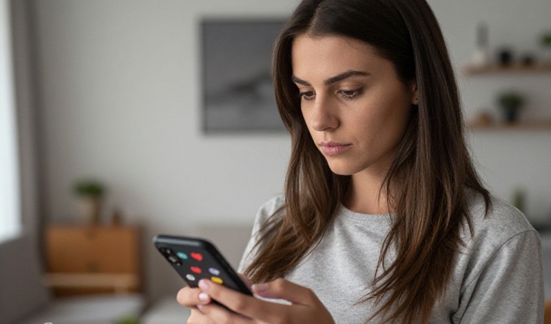 Telefonuna düşünceli bir ifadeyle bakan genç bir Türk kadın, ekranında çok sayıda kalp ve mesaj bildirimi, modern bir ortam ve doğal ışık