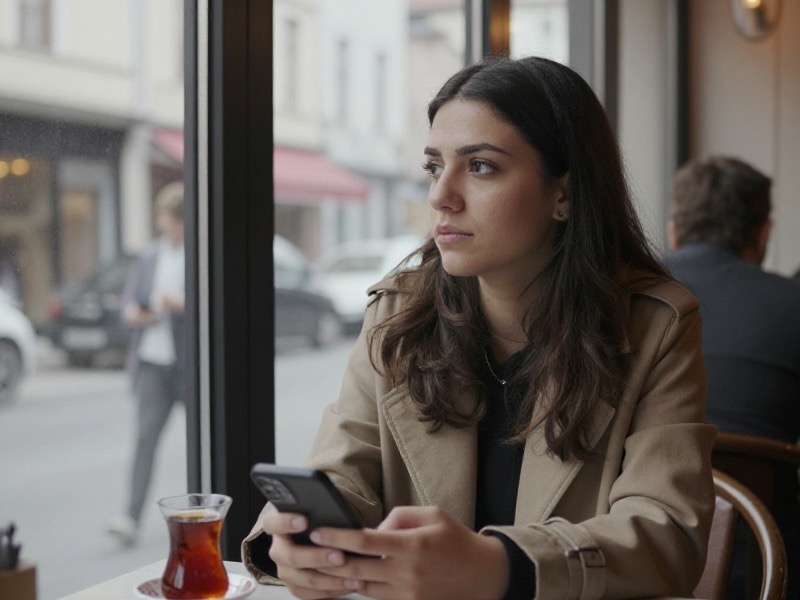 Genç bir kadın kafede telefonuna bakarken düşünceli bir ifade taşıyor, sıcak öğleden sonra ışığı ve sakin bir şehir kafe ortamı.