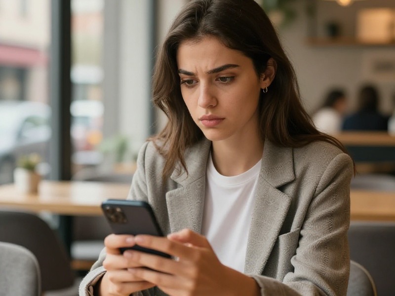 Bir kafede telefonundaki tanışma uygulaması profiline bakarken hafifçe gülümseyen genç Türk kadın, arka planda bej tonlarında sakin bir iç mekân.