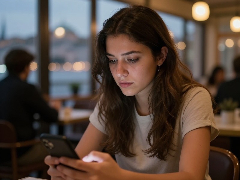 Akşam saatlerinde bir kafede telefonuna bakan genç bir Türk kadın, ekranında günler arayla gelmiş kısa mesajlar, arka planda şehir ışıkları ve düşünceli bir ifade