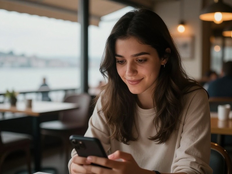 Ankara'da bir kafede oturan genç bir kadın telefon ekranındaki mesajı içtenlikle gülümseyerek okuyor, sıcak öğleden sonra ışığı, doğal ve rahat bir atmosfer