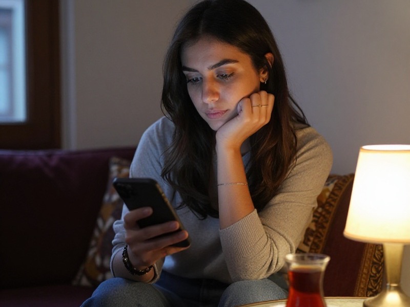 Genç bir kadın akşam saatinde evinin penceresinin önünde telefonuna bakıyor, yanıt gelmeyen mesajları düşünürken yüzünde dalgın bir ifade var