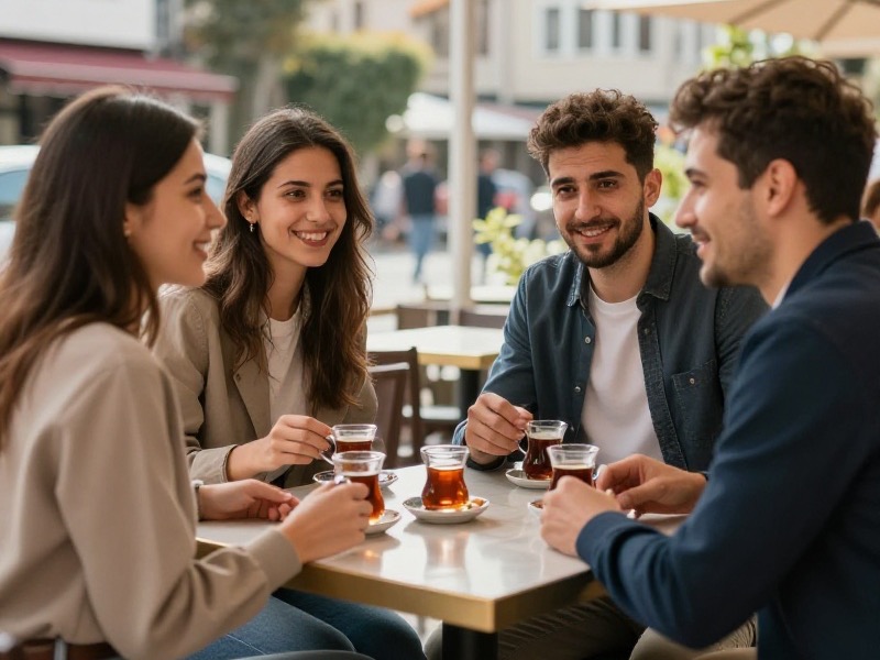 Yumuşak gün ışığında bir kafede oturan, sade kıyafetli genç yetişkinlerden oluşan küçük ve samimi bir grup keyifle sohbet ediyor.