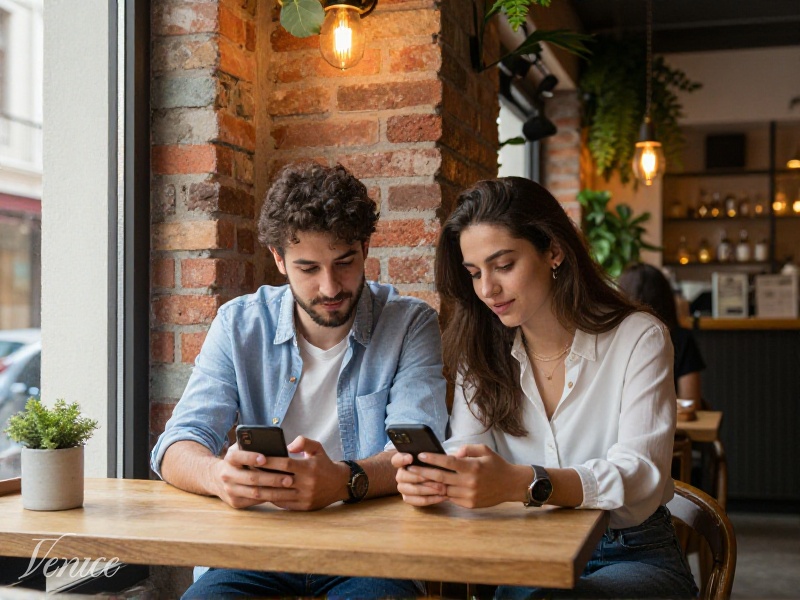 Genç bir Türk kadın ve erkek Istanbul Karaköy'de modern bir kafede telefonlarına bakarak tanışma uygulamalarını karşılaştırıyor, gündüz ışığı, samimi atmosfer
