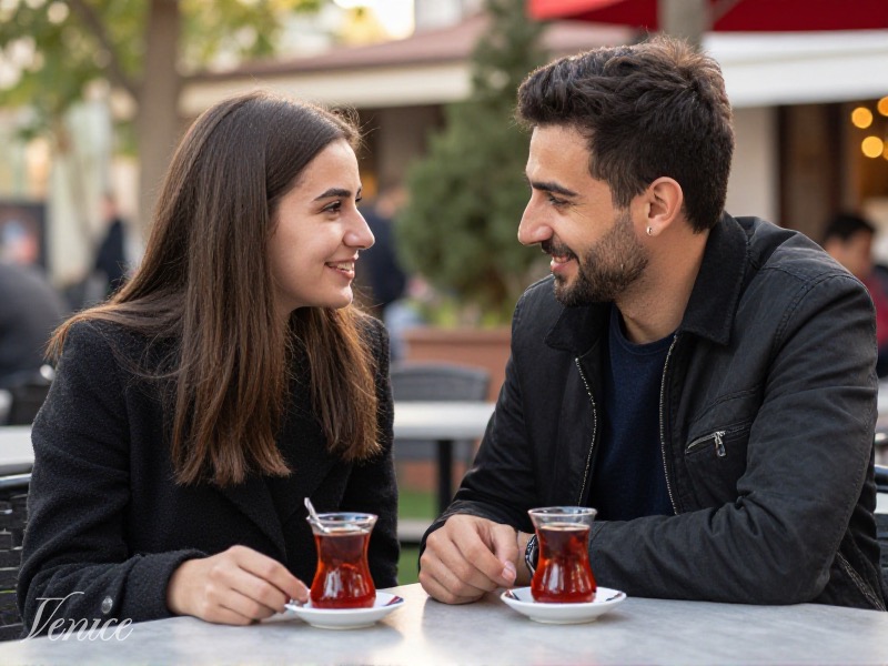 Genç Türk çift bir çay bahçesinde gülümseyerek sohbet ediyor, gün batımı ışığı, rahat ve samimi atmosfer