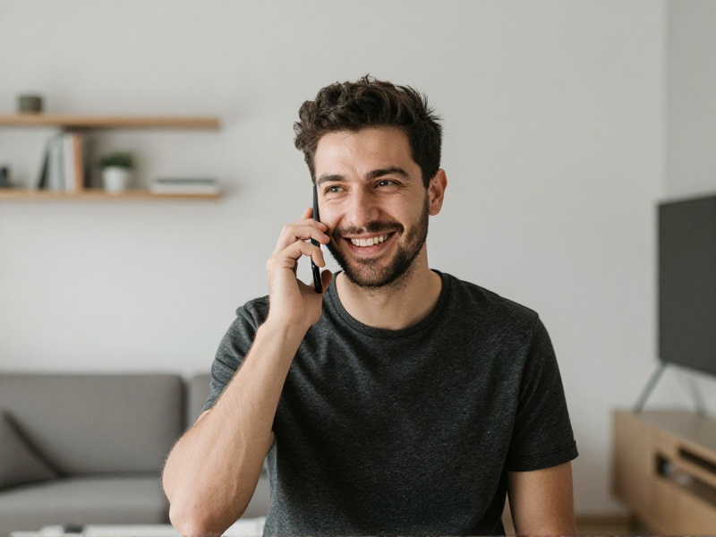 Genç bir kişi evde akıllı telefonuyla konuşurken gülümsüyor, sıcak ve doğal ışık, modern ve sade bir ortam, saygılı ve içten.