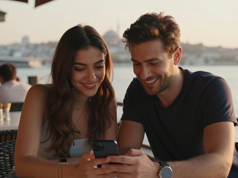 İstanbul'da bir sahil kafesinde oturan genç bir kadın ve erkek telefonlarına bakarak içtenlikle gülümsüyor, gün batımı ışığı, huzurlu ve saygılı bir atmosfer