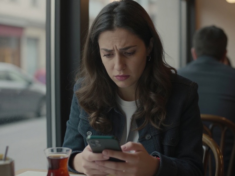 Akşam saatlerinde evinde kanepede oturup telefonuna bakan genç bir Türk kadın, ekranında cevapsız kalmış bir sohbet ve hikâye izleyenler listesi, yüzünde düşünceli bir ifade