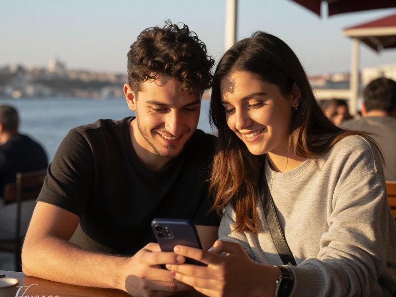 Genç bir kadın İstanbul'da bir kafede telefonuyla tanışma uygulamasına ilk mesajını yazıyor, samimi gündelik atmosfer, doğal gündüz ışığı