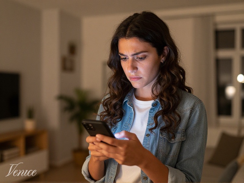 Akıllı telefonunda Telegram mesajını dikkatle inceleyen genç bir kadın, masada kahve fincanı, yumuşak gündüz ışığı, güvenlik temalı sahne